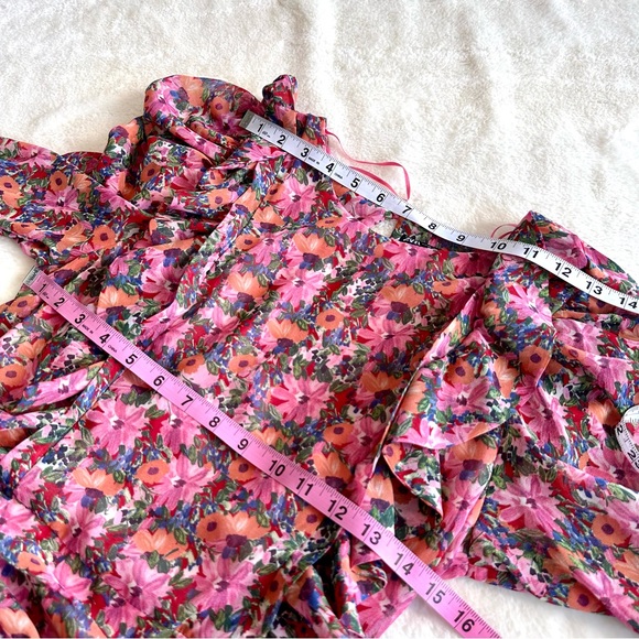 ZARA Floral Draped Mini Pink Dress Crewneck Puff Shoulders XS - Picture 9 of 11